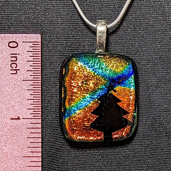 Signed CHRISTMAS TREE Etch Orange & Blue Dichroic Glass Pendant w/Sterling Chain - Picture 2 of 6